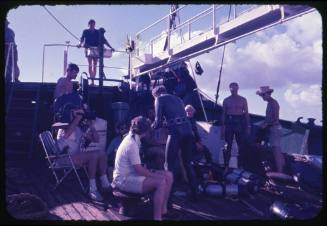 The crew from the documentary Blue Water, White Death filming on board the Terrier VIII