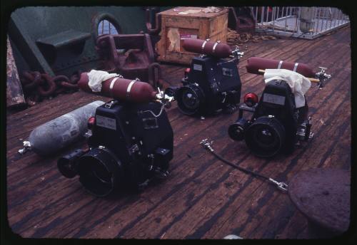 Film equipment sitting on the wooden deck of the Terrier VIII