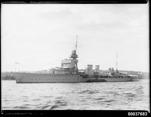 HMS DRAGON anchored at the northern side of the Sydney Harbour