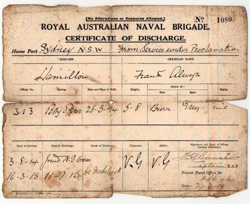 Royal Australian Naval Brigade certificate of discharge Petty Officer Frank Alwyn Hamilton