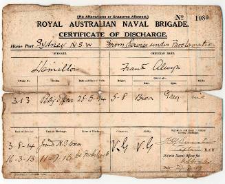 Royal Australian Naval Brigade certificate of discharge Petty Officer Frank Alwyn Hamilton