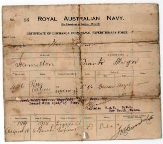 Certificate of Discharge from Naval Expeditionary Force : Petty Officer Frank Hamilton, 5 March 1915