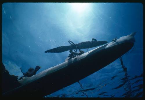 Hull of an outrigger canoe seen from below