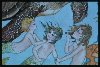 Artwork of three merpeople swimming below a turtle