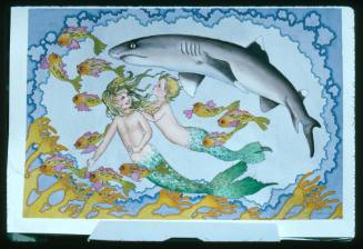 Artwork of a shark and two merpeople
