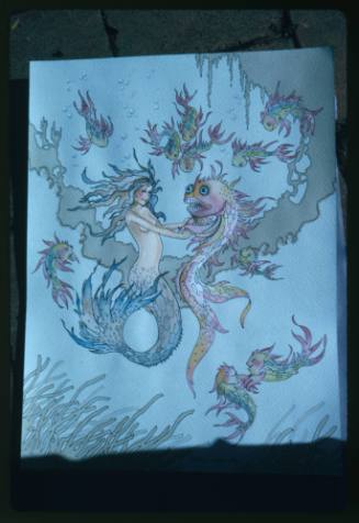 Artwork of a mermaid holding pectoral fins of a fish