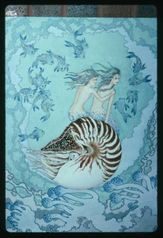 Artwork of two mermaids seated on a nautilus