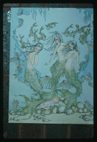 Artwork of three mermaids and a human baby