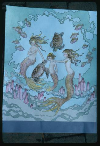 Artwork of three merpeople and two turtles