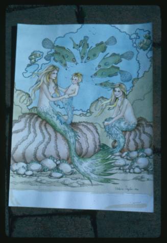 Artwork of two mermaids and a merchild