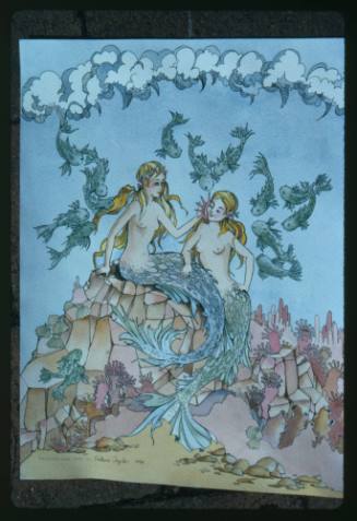 Artwork of two mermaids seated on rocks