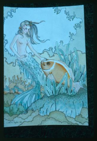 Artwork of a mermaid and a pink skunk clownfish