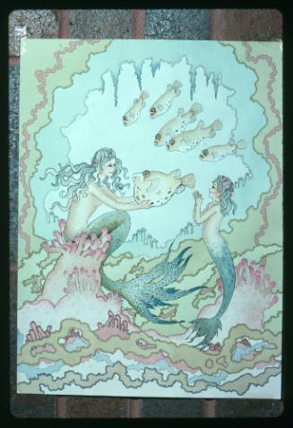 Artwork of two mermaids and a pufferfish