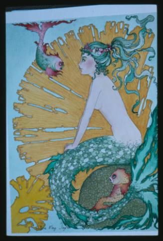 Artwork of a mermaid looking at a fish