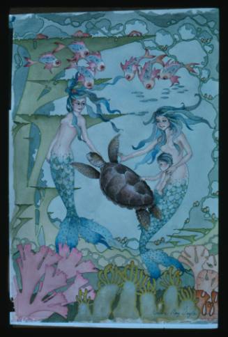 Artwork of two mermaids and a merchild with a turtle