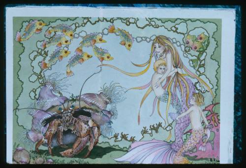 Artwork of three merpeople and a large hermit crab