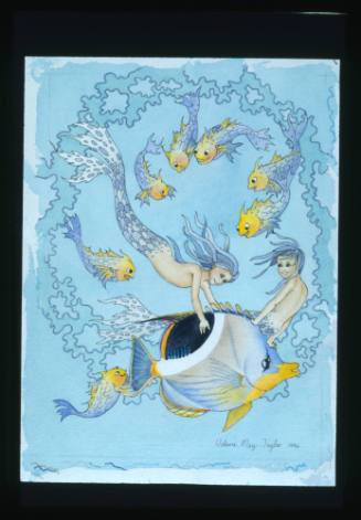 Artwork of two merpeople with a saddle butterflyfish