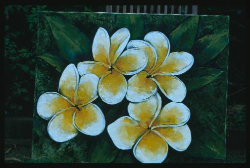 Artwork of four yellow and white frangipanis