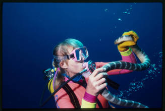 Valerie Taylor holding sea snake in hands