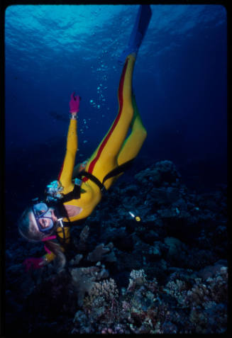 Valerie Taylor underwater near seafloor