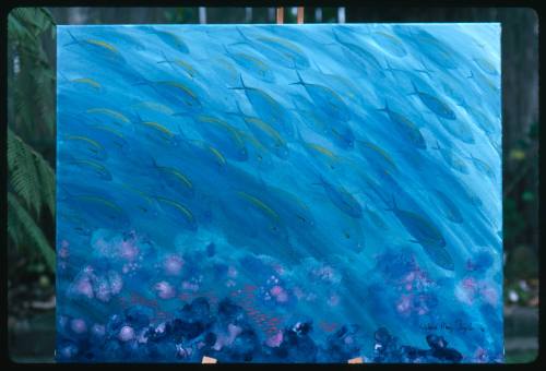 Painting by Valerie Taylor depicting a school of fish swimming over coral