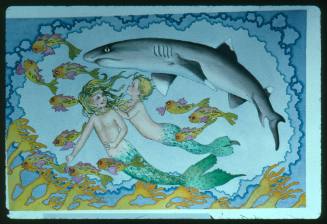 Painting by Valerie Taylor depicting an Oceanic Whitetip Shark swimming with two mermaid children