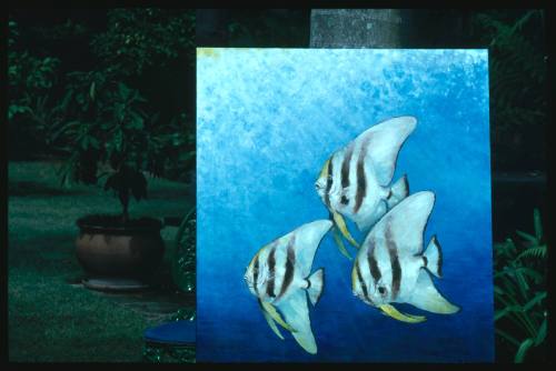 Painting by Valerie Taylor depicting three fish swimming