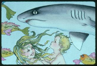 A close up detail view of a painting by Valerie Taylor depicting an Oceanic Whitetip Shark swimming with two mermaid children