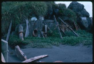 Pieces of wood leaning against a raised rock surface