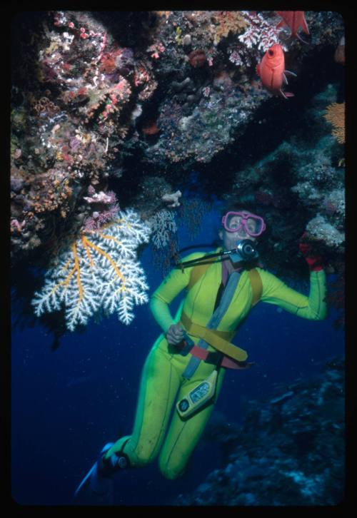 Valerie Taylor near a coral formation