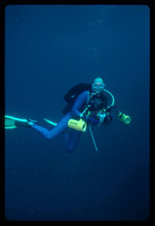 Diver underwater holding a camera