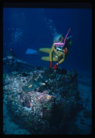 Valerie Taylor and another diver at the shipwreck of PANDORA