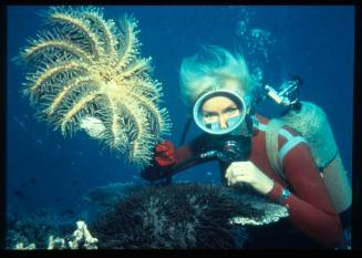 Valerie Taylor holding a crown of thorns starfish