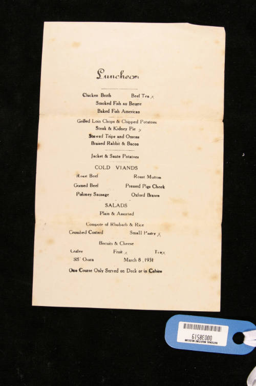 Luncheon menu from SS ORARA