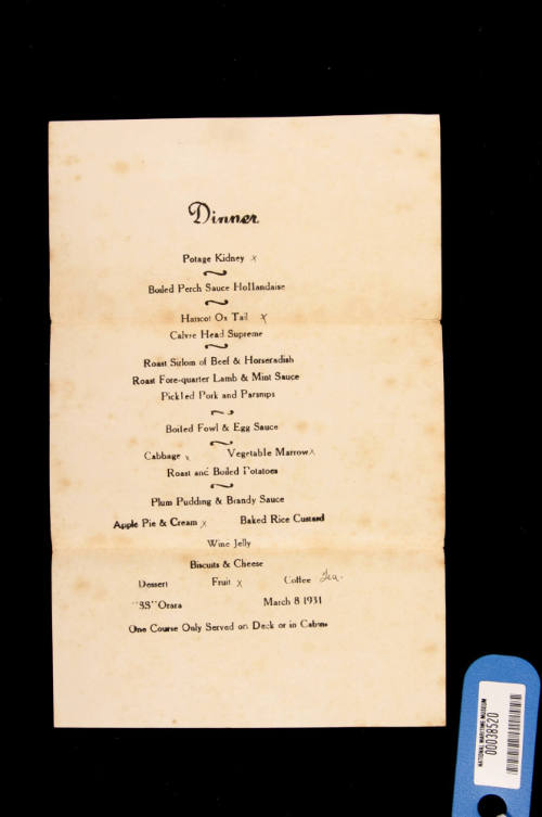 Dinner menu from SS ORARA