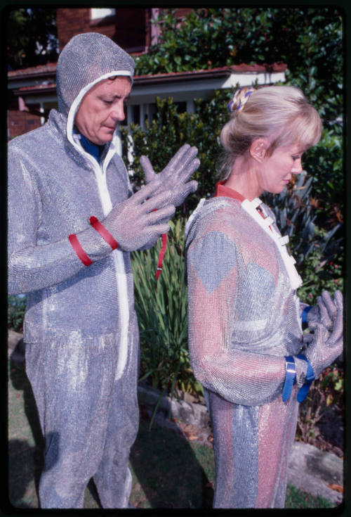 Behind the scenes image from the television feature, Operation Shark Bite, that documented Ron and Valerie Taylor testing the efficacy of the chainmail suit (mesh suit) against shark bites.  