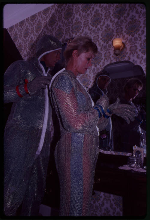 Behind the scenes image from the television feature, Operation Shark Bite, that documented Ron and Valerie Taylor testing the efficacy of the chainmail suit (mesh suit) against shark bites.  