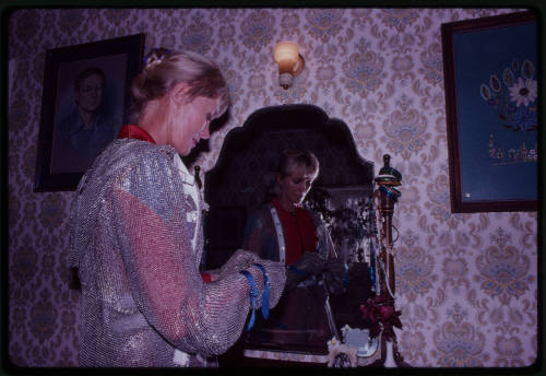 Behind the scenes image from the television feature, Operation Shark Bite, that documented Ron and Valerie Taylor testing the efficacy of the chainmail suit (mesh suit) against shark bites.  