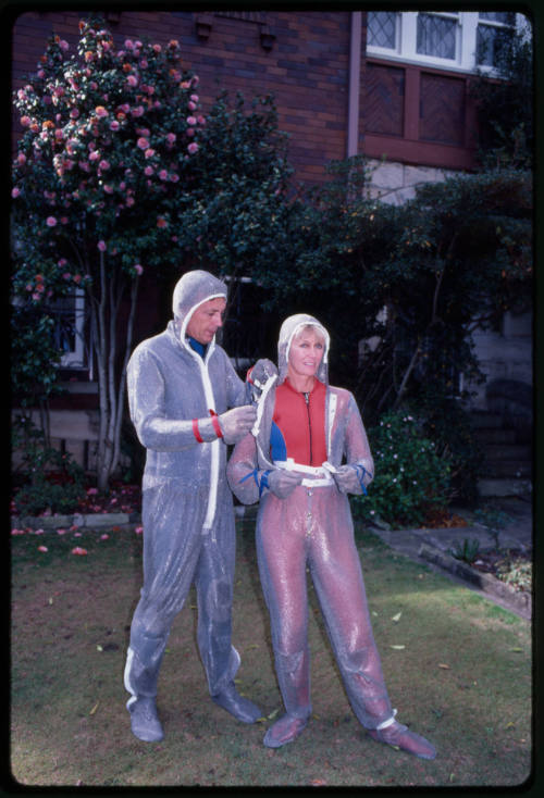 Behind the scenes image from the television feature, Operation Shark Bite, that documented Ron and Valerie Taylor testing the efficacy of the chainmail suit (mesh suit) against shark bites.  