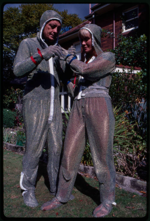 Behind the scenes image from the television feature, Operation Shark Bite, that documented Ron and Valerie Taylor testing the efficacy of the chainmail suit (mesh suit) against shark bites.  