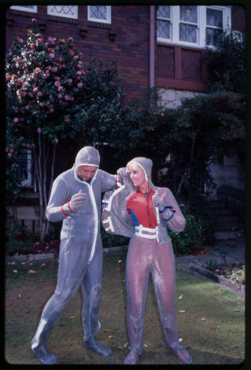 Behind the scenes image from the television feature, Operation Shark Bite, that documented Ron and Valerie Taylor testing the efficacy of the chainmail suit (mesh suit) against shark bites.  