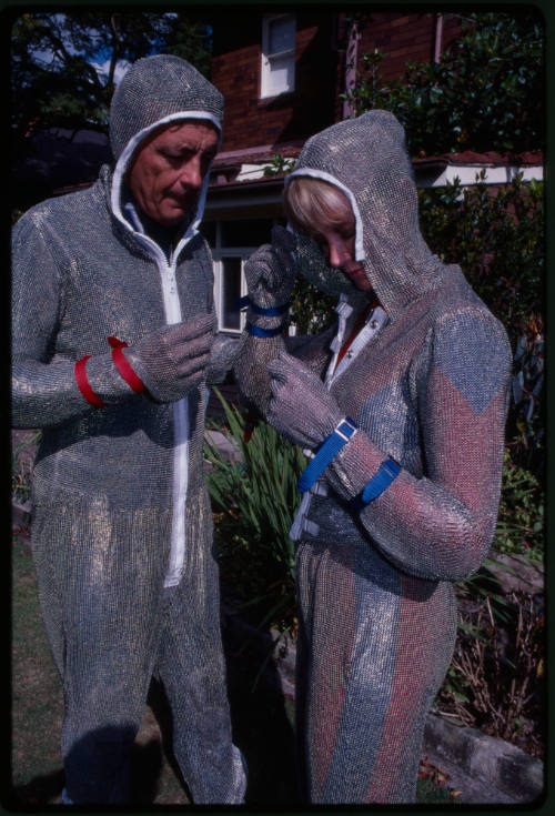 Behind the scenes image from the television feature, Operation Shark Bite, that documented Ron and Valerie Taylor testing the efficacy of the chainmail suit (mesh suit) against shark bites.  