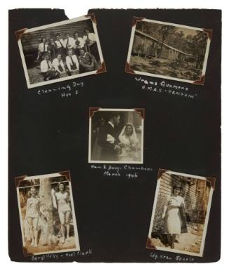 Photographic album page showing daily duties and social activities of WRANS at HMAS Penguin