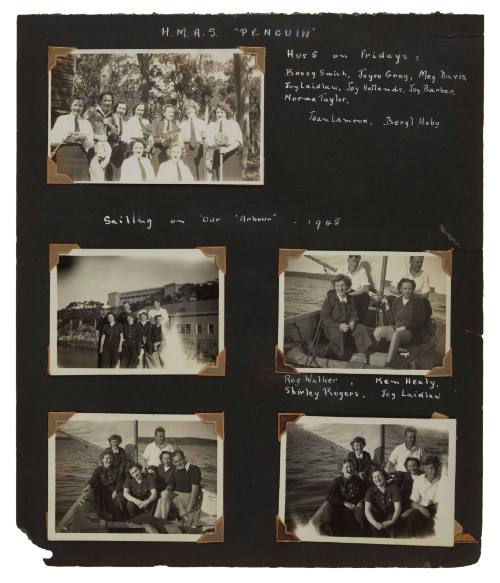 Photographic album page documenting WRAN social sailing outings on Sydney Harbour and the Waterview Quartette performance group