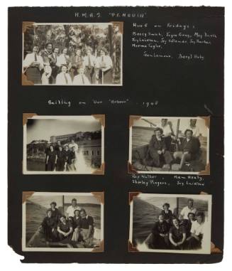 Photographic album page documenting WRAN social sailing outings on Sydney Harbour and the Waterview Quartette performance group