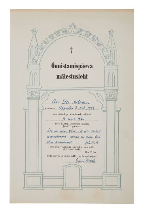 Anu Mihkelson Confirmation Certificate