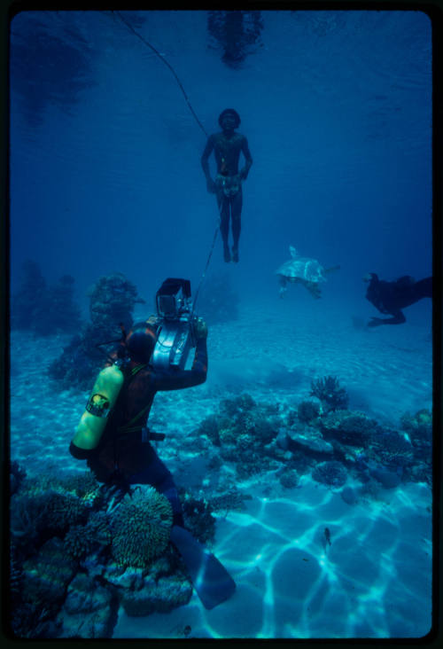 Diver filming filming a person and turtle during filming of Silent One