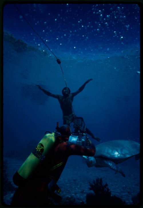 Camera pointed at boy and turtle underwater during shooting of The Silent One