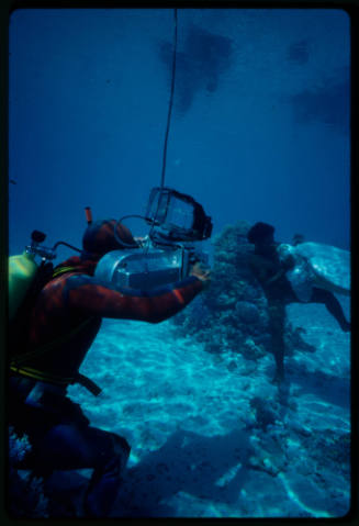 Telotelo kissing his white turtle as Ron Taylor films