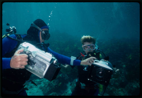 Two divers with underwater cameras